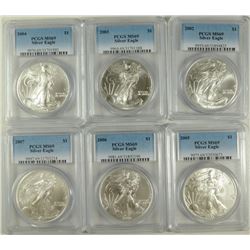 2002, 2003, 2004, 2005, 2006 & 2007 AMERICAN SILVER EAGLES, ALL PCGS MS-69!