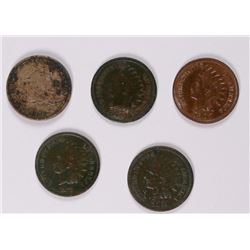 5 INDIAN CENTS: 1907 UNC; 1873 XF DARK, 1874 VF DARK, 1870 VG, & 1858 FLYING