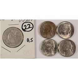 5 COIN LOT: 4- JEFFERSON NICKELS 1938 P D S BU, 1941 BU & 1856 SEATED LIBERTY