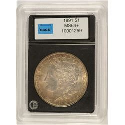 1891 MORGAN SILVER DOLLAR, CCGS MS-64+  COLOR!