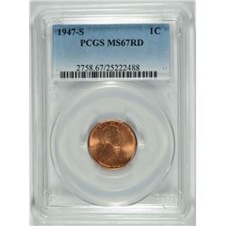 1947-S LINCOLN CENT, PCGS MS-67 RED! STUNNING!