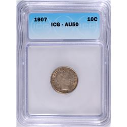 1907 BARBER DIME, ICG AU-50 NICE