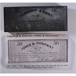 RARE! TEXAS CONFEDERATE PRINTING BLOCK THAT PRODUCED A 50-CENT BEARER NOTE