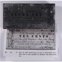RARE! TEXAS CONFEDERATE PRINTING BLOCK THAT PRODUCED A 50-CENT BEARER NOTE