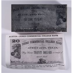 RARE! TEXAS CONFEDERATE PRINTING BLOCK THAT PRODUCED A $20.00 BEARER NOTE