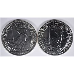 ( 2 ) 2014 BRITISH BRITTANIA ONE OUNCE .999 SILVER COINS, BU
