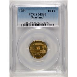 1954 SAARLAND 10 FRANKEN, PCGS MS-66 RARE!!