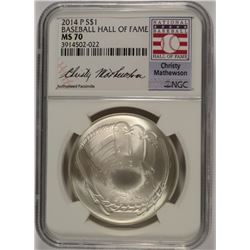 2014 BASEBALL HALL OF FAME COMMEM SILVER DOLLAR NGC MS-70  CHRISTY MATHEWSON