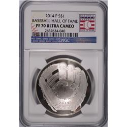 2014 BASEBALL HALL OF FAME SILVER DOLLAR, NGC PROOF-70 ULTRA CAMEO