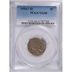 1918/7-D BUFFALO NICKEL PCGS VG-8 (RARE OVERDATE COIN)