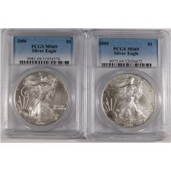 2005 & 2006 AMERICAN SILVER EAGLES, PCGS MS-69