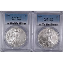 2006 & 2007 AMERICAN SILVER EAGLES, PCGS MS-69