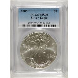 2005 AMERICAN SILVER EAGLE, PCGS MS-70 RARE LISTS IN PCGS PRICE GUIDE AT $700.00