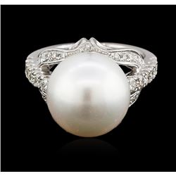 14KT White Gold Pearl and Diamond Ring