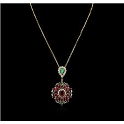 14KT Yellow Gold 16.54ctw Ruby, Emerald, Sapphire and Diamond Pendant With Chain