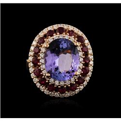 14KT Rose Gold 6.61ct Tanzanite, Ruby and Diamond Ring