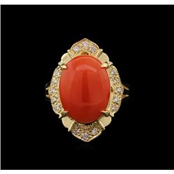 4.97ct Coral and Diamond Ring - 14KT Yellow Gold