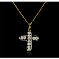 18KT Yellow Gold Pearl Cross Pendant With Chain