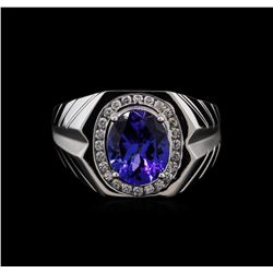 3.79ct Tanzanite and Diamond Mens Ring - 14KT White Gold