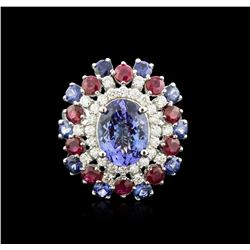 14KT White Gold 3.58ct Tanzanite, Sapphire, Ruby and Diamond Ring