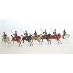 Britains, from set 46 10th Bengal Lancers, pre and post-war, five sowars and two trumpeters on gr...