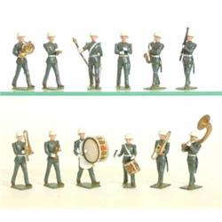 Britains set 2117 US Military Band, 1956-61, eleven movable arm instrumentalists and drum major,...