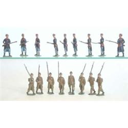 Britains Belgian Infantry, set 189 nine at ready with fixed bayonets, set 1389 in service dress,...