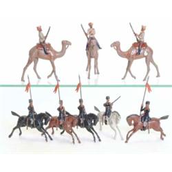 Britains set 123 Bikanir Camel Corps, pre-war, three riders formerly cast to camels, moulded tail...