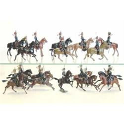 Britains Hussars, pre-war, set 8 4th Hussars, four troopers with swords, and trumpeter, set 13 3r...