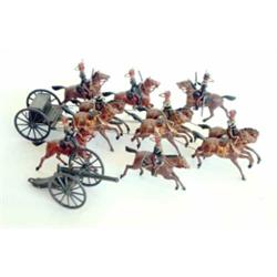 Britains set 39 Royal Horse Artillery Gun Team, centre pole lumber and gun in fumed metal, six ho...