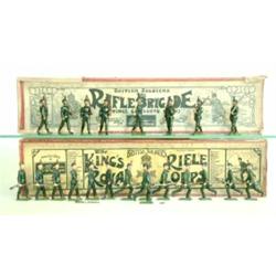 Britains set 98 King's Royal Rifle Corps, circa 1920, open elbows and square bases, thirteen runn...