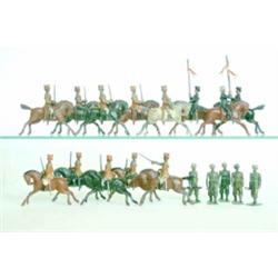 Britains set 47 1st Bengal Cavalry, circa 1910, nine troopers with swords, trumpeter on grey, (po...