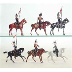 Britains Lancers, set 100 21st Lancers, 1925-41, four lancers and officer with trumpet on grey, (...