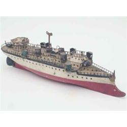 A Marklin tinplate battleship, circa 1905-10, single screw clockwork mechanism, deck details incl...
