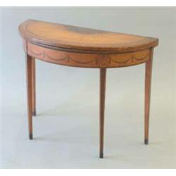 A late 18th century satinwood demi lune card table with rosewood cross banding and later painted...