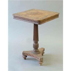 A Regency rosewood square top occasional table with square and bead moulded frieze on fluted tape...