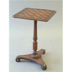 A Regency square occasional table with rosewood and satinwood chess board top on a finely spiral...