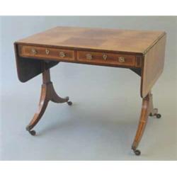 A George III mahogany and floral inlaid satinwood banded sofa table with real and dummy drawers o...