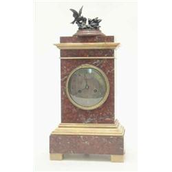 A 19th century breche and cream marble mantel clock, with bronze bird-group surmount, silvered br...