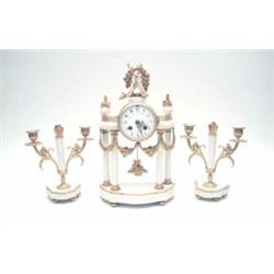 A French late 19th century white marble and gilt bronze clock set, the portico clock with painted...