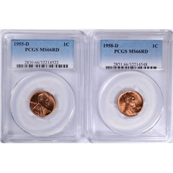 1955-D & 1958-D LINCOLN CENTS, PCGS MS-66 RED