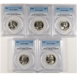 LOT OF ( 5 ) 1961 WASHINGTON QUARTERS, PCGS MS-65 GEMS