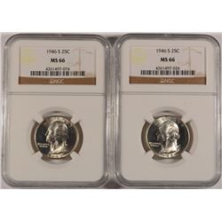 LOT OF ( 2 ) 1946-S WASHINGTON QUARTERS, NGC MS-66