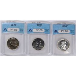 ( 3 ) ANACS PROOF-66 FRANKLKIN HALF DOLLARS: 1957, 1958 & 1960