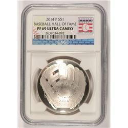 2014 BASEBALL HALL OF FAME SILVER DOLLAR, NGC PROOF-69 ULTRA CAMEO