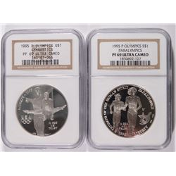 (2) 1995 OLYMPICS COMMEM SILVER DOLLARS: PARALYMPICS & GYMNASTICS, NGC PR-69 UC