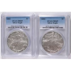 2003 & 2004 AMERICAN SILVER EAGLES, PCGS MS-69