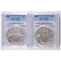 2004 & 2005 AMERICAN SILVER EAGLES, PCGS MS-69