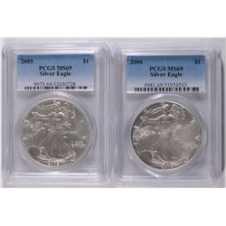 2005 & 2006 AMERICAN SILVER EAGLES, PCGS MS-69
