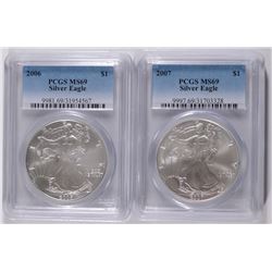 2006 & 2007 AMERICAN SILVER EAGLES, PCGS MS-69